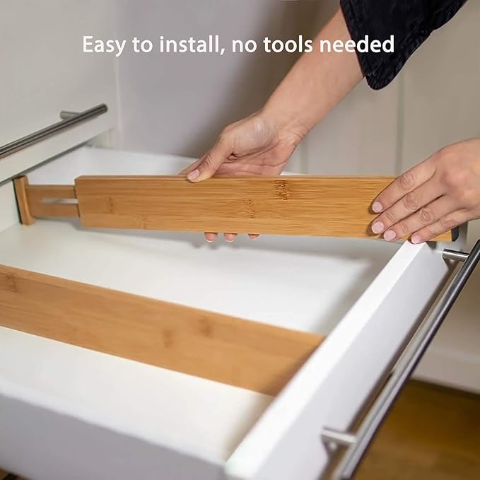 Fabsome Bamboo Kitchen Drawer Dividers 4 Pack, 17-22 inches Long Adjustable Spring-loaded Organizer Durable Organization Separators for Large Utensil Drawers, Clothing Dresser Drawers