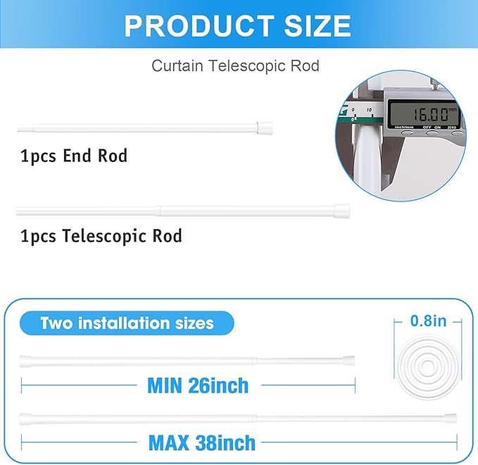 1 Pack Spring Loaded Tension Rod 27-38" Adjustable Curtain Rods No Drill Extendable Spring Rod Tension Curtain Rods For Window Kitchen Shelves Rv Refrigerator And Small Spaces,White