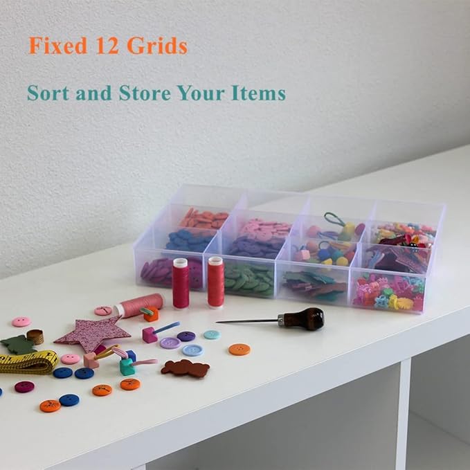 BangQiao 2 Pack Fixed 12 Grids Clear Plastic Organizer Sorting Tray and Transparent Storage Divider Box Container Case for Hardware, Craft, Sewing Kit, Office Supplies, Small Parts