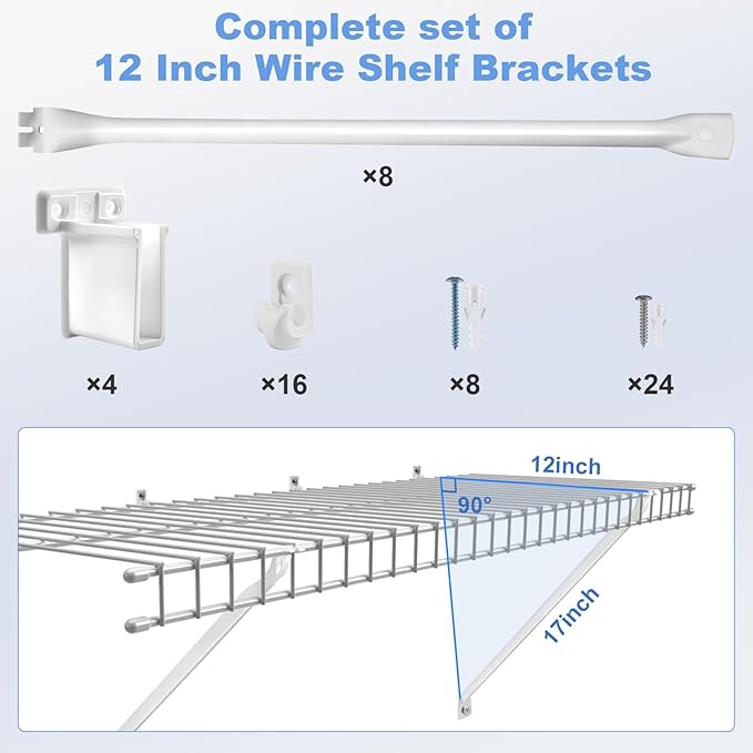 12 Inch Wire Shelf Brackets Set, 8 Pack Metal White Closet Support Bracket with End Brackets & Clips for Wire Shelving Wall Bracket Installation, Support Wire Closet Shelves Racks (8 Pack)