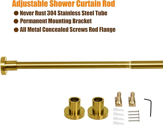 Artiwell Heavy Duty Shower Rod, Adjustable Shower Curtain Rod, Expandable 47-84 Inch, Permanent Mount Shower Rod, Never Rust Stainless Steel For Window Curtain and Closet, Brushed Gold