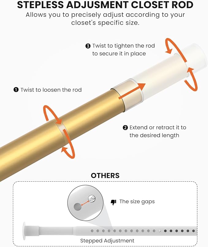 Closet Rods for Hanging Clothes, 17 to 69 Inches Stepless Adjustable Metal Closet Rod, 1.3 Inches Heavy Duty Clothes Hanging Rod for Closet Wardrobes Laundry RV, Golden