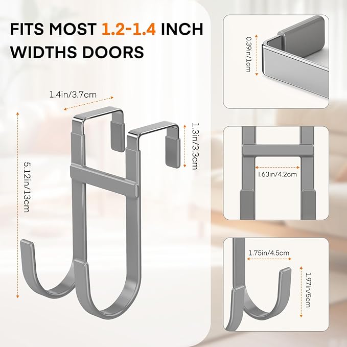 FYY Over The Door Hooks - 4 Pack Heavy Duty Double-Hanger Organizer for Bathroom Bedroom Dorm, Hanging Clothes Towels Hats Bags Ironing Board Wreath Robe - Fits Interior Doors Up to 1 3/8" Grey