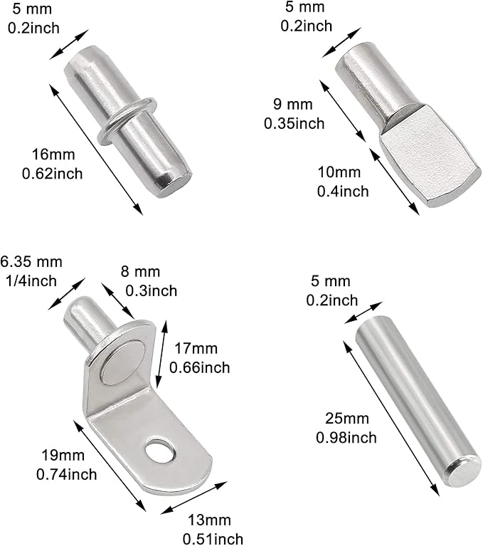 104Pcs Shelf Pins Kit,4 Styles Nickel Plated Shelf Support Pegs,Bookshelf Pegs for Shelves,Cabinet Shelf Bracket Pegs Shelf Pins Holders for Kitchen Furniture & Closet ( 5mm & 1/4inch )