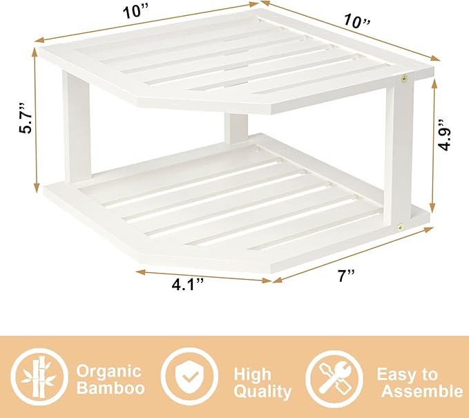 Bamboo Corner Shelf(3 Pack),2 Tier Plate Organizer for Cabinet and Countertop,Pantry Dish and Spice Rack for Kitchen(White)