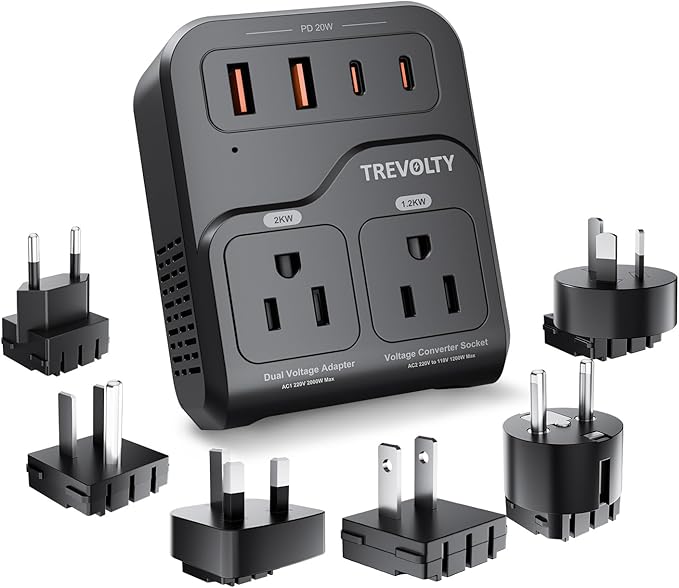 2000W Voltage Converter US to Europe, 220V to 110V Converter for Hair Dryer, 7-in-1 European Travel Plug Adapter with 3AC/2USB-A/2USB-C (PD20W), Travel Essentials (Black) (Black)