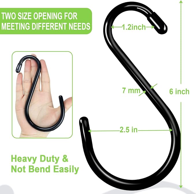 DINGEE 12 Pack 6 Inch Heavy Duty Large S Hook Vinyl Coated S Hooks for Hanging Plants,7mm Thickness Non Slip Sturdy Metal Black Jean Hooks for Closet,Bird Feeders,Kitchen,Large Object,Tools,Bikes