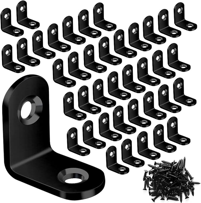FATLODA 40PCS L Bracket, Metal Black Corner Brace, Stainless Steel Joint Right Angle Bracket Fastener for Wood Chair Bookshelf Furniture Cabinet with 80PCS Screws (20mmx20mm)