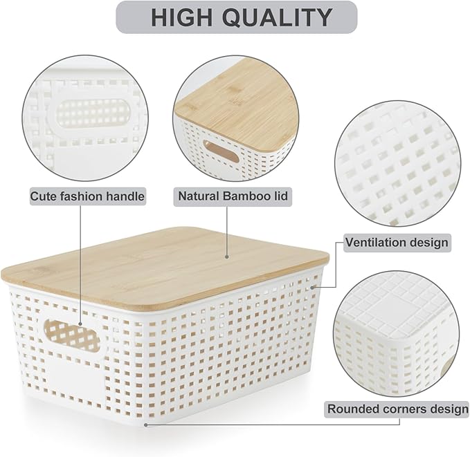 Bagnizer Small Plastic Storage Bins with Bamboo Lids 5.2qt Stackable Box Basket Pantry Decorative Containers Cute with Lable for Organizing Desktop Closet Office Cream White of 6 packs 10*7.2*4.1'’