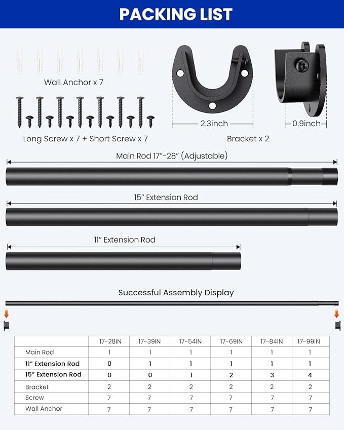 2 PACK Closet Rods for Hanging Clothes, 17 to 84 Inches Stepless Adjustable Metal Closet Rod, 1.3 Inches Heavy Duty Clothes Hanging Rod for Closet Wardrobes Laundry RV, Black