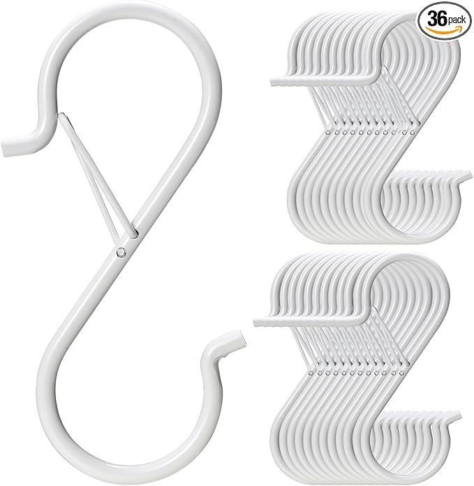 36 PCS S Hooks for Hanging with Safety Buckle, 3.5 inch Heavy Duty Metal S Shaped Hook for Kitchen Utensil, Cups, Pots, Plants, Bags, Hats (White)