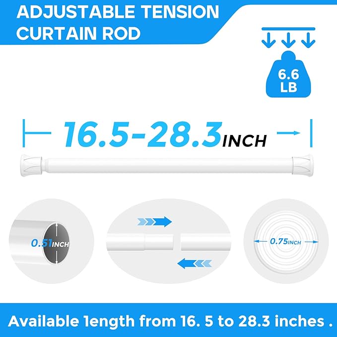 2 Pack White Spring Tension Curtain Rods 18-28 Inches, Spring Loaded Curtain Rods No Drilling, Adjustable Small Tension Rod for Windows, Kitchen, Doorway, Bathroom, Closet