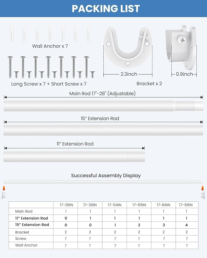 3 PACK Closet Rods for Hanging Clothes, 17 to 54 Inches Stepless Adjustable Metal Closet Rod, 1.3 Inches Heavy Duty Clothes Hanging Rod for Closet Wardrobes Laundry RV, White