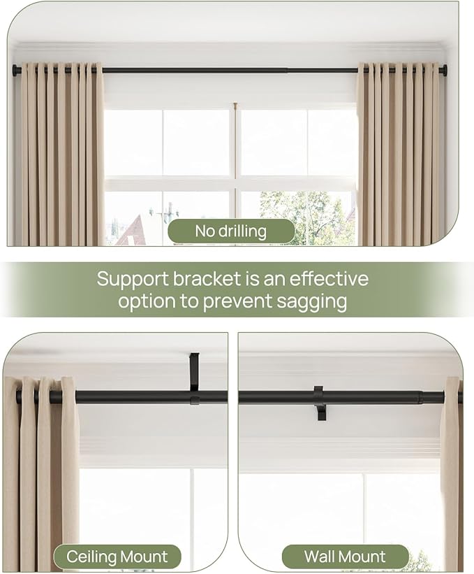 ALLZONE Tension Curtain Rod for Windows,123 to 160 Inch, Heavy Duty Extra Long Curtain Rods, Non-Slip Bathroom Shower Tension Rod, Renter Friendly, Adjustable, Spring Loaded, Black
