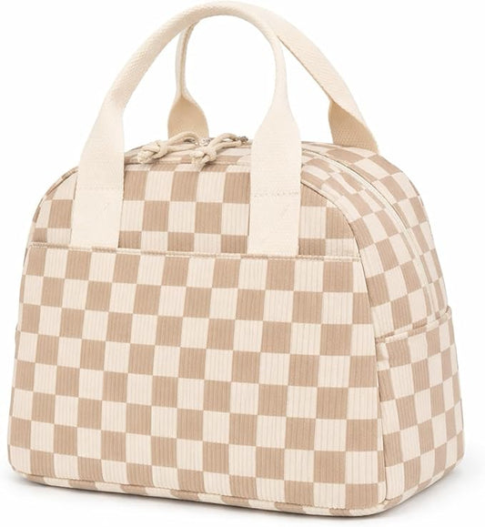 LOVELYWIND Insulated Brown checkered Lunch Bag for Women, Corduroy Tote with Aluminum Lining, Large Capacity Reusable Cooler for Work, Travel, Beach or Picnic, Checkered Water-Resistant Lunch Box