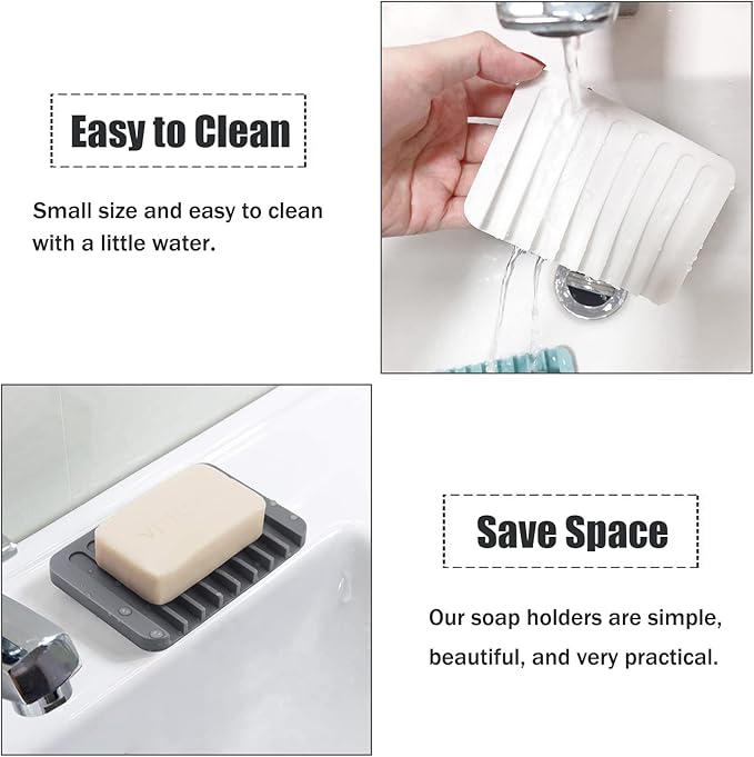 Self Draining Soap Dishes, 3 Pcs Silicone Soap Saver, Waterfall Drainer Soap Holder for Bathroom, Extend Soap Life, Keep Soap Bars Dry Clean & Easy Cleaning (White, Gray, Teal)