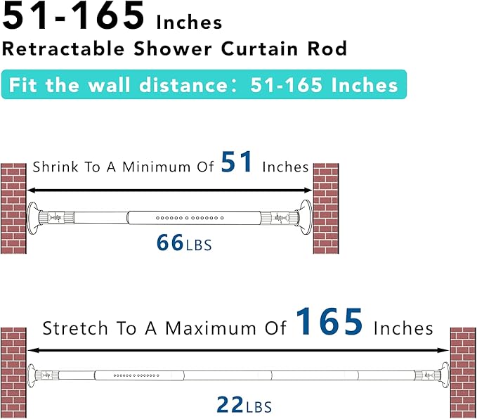 Umimile Tension Curtain Rod, 51-165 inches Adjustable Spring Shower Tension Curtain Rod, Stainless Steel Closet Rod for Windows or Shower, No Drilling, No Rust, Easy to Install, White