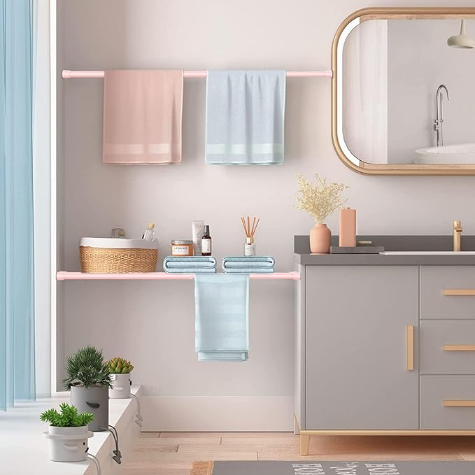 1Pcs Spring Tension Curtain Rod 26-39 inch Spring Tension Rods Pink Tension Rods Adjustable Spring Rod Extendable Tension Rod For Kitchen, Bathroom, Window
