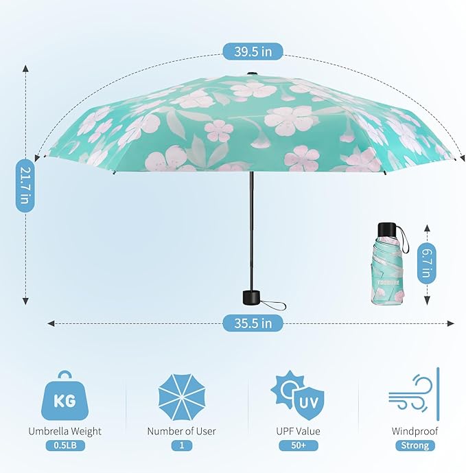 Yoobure Small Mini Umbrella with Case Light Compact Design Perfect for Travel Lightweight Portable Parasol Outdoor Sun&Rain Umbrellas