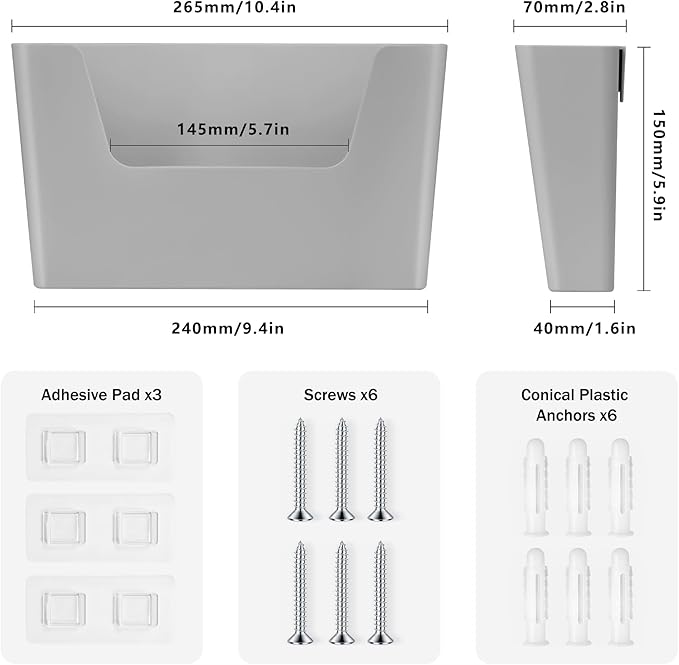 JOMOLA No Drilling File Holder 3 Pack Mail Organizer Wall Mount File Organizer Holder Office Wall Hanging Files Magazines Organizer Plastic Door Mount Wall Pocket with Adhesive Pad, Grey Color