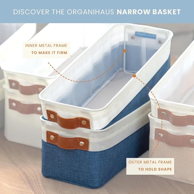 OrganiHaus Narrow Fabric Storage Baskets 2 Pack, Narrow Storage Bins for Shelves, Closet Storage Bins for Pantry Entryway Bathroom, Cloth Canvas Basket, White/Brown