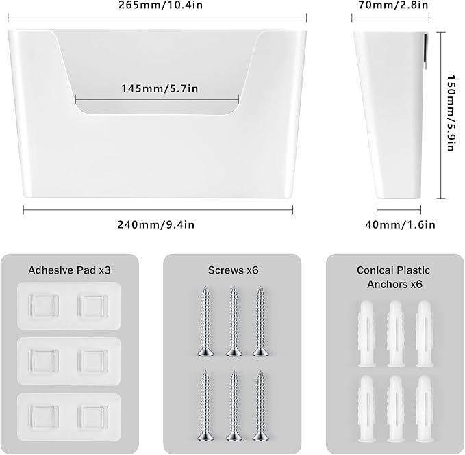 JOMOLA No Drilling File Holder 3 Pack Mail Organizer Wall Mount File Organizer Holder Office Wall Hanging Files Magazines Organizer Plastic Door Mount Wall Pocket with Adhesive Pad, White Color