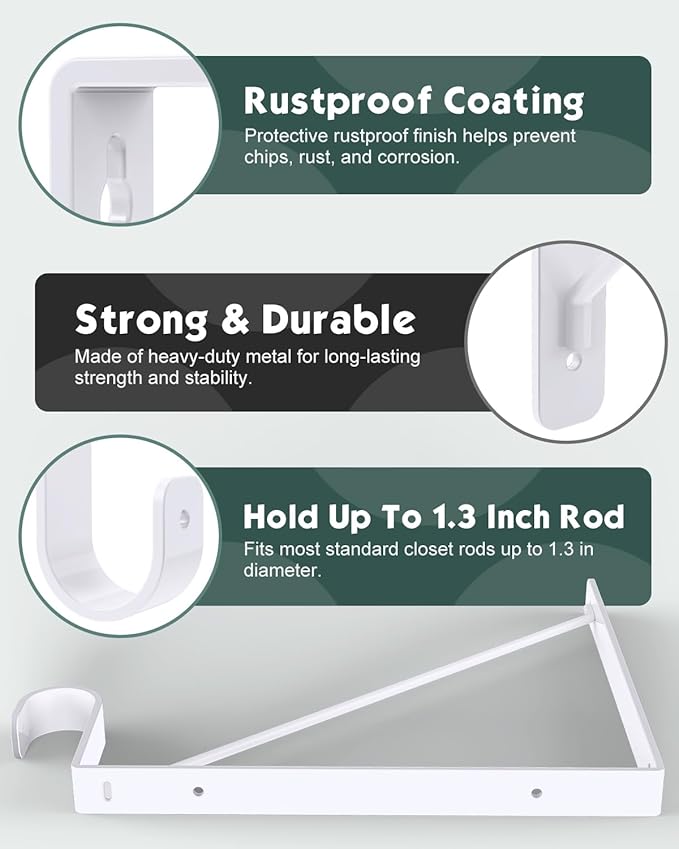 Supforce 4 Pack Closet Rod Bracket, Heavy Duty Closet Rod Support with Rod Holder, Wall Mounted Closet Shelf Brackets with Triangle Stabilizing Design for Closet, Bathroom and Kitchen, White