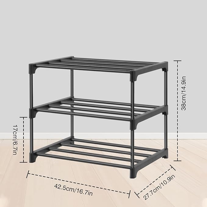 3-Tier Small Shoe Racks, Narrow Shoe Rack for 5-6 Pairs Shoe Storage,Kids Shoe Racks for Small Place,Lightweight Stackable Shoe Shelf Organizer for Closet,Black