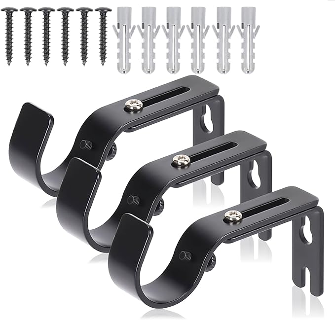 Premium Curtain Rod Brackets for Wall - Adjustable Hooks, High Hardness Iron Holders for 1 Inch Rod - Black (3 PCS)