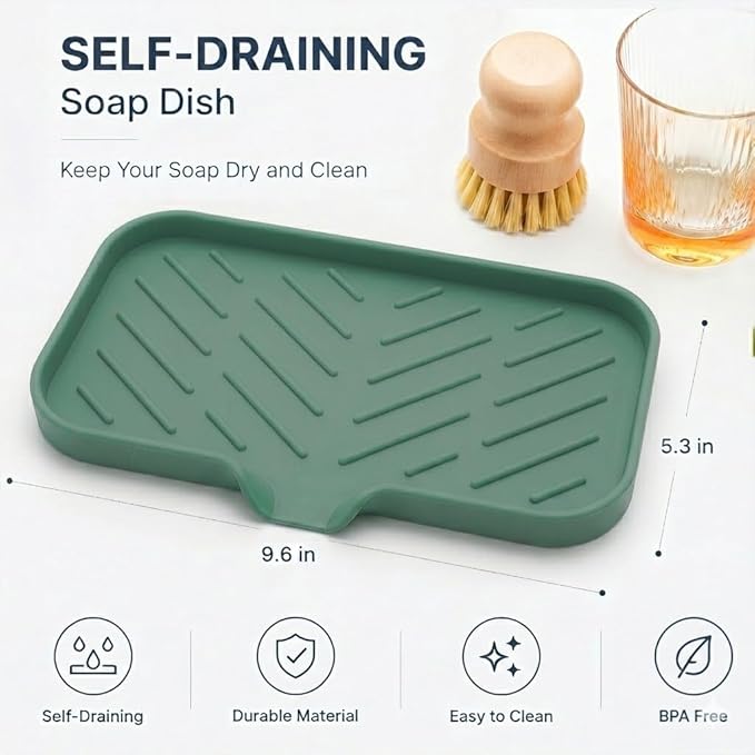 MicoYang Silicone Soap Dish with Drain Spout — Self-Draining Sink Organizer Tray for Bathroom & Kitchen, Sponges, Dispensers & Soap Holder, Non-Slip & Dishwasher Safe, Green (Medium, 9.6"×5.3")