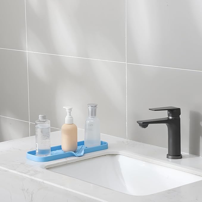 MicoYang Silicone Soap Dish with Drain Spout — Self-Draining Double Sink Organizer Tray for Kitchen & Bath, Dispensers, Sponges & Soap Holder, Non-Slip & Dishwasher Safe, Light Blue (Large, 12"×4")