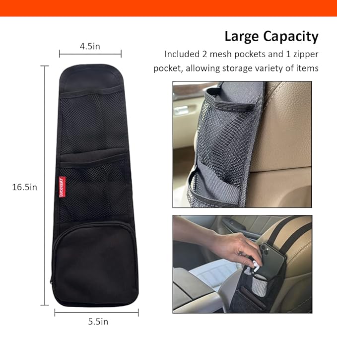 Car Seat Side Organizer, Auto Seat Storage Hanging Bag, Phones, Drink, Stuff Holder with Mesh Pocket for Cars, SUV & Truck 2 Pack
