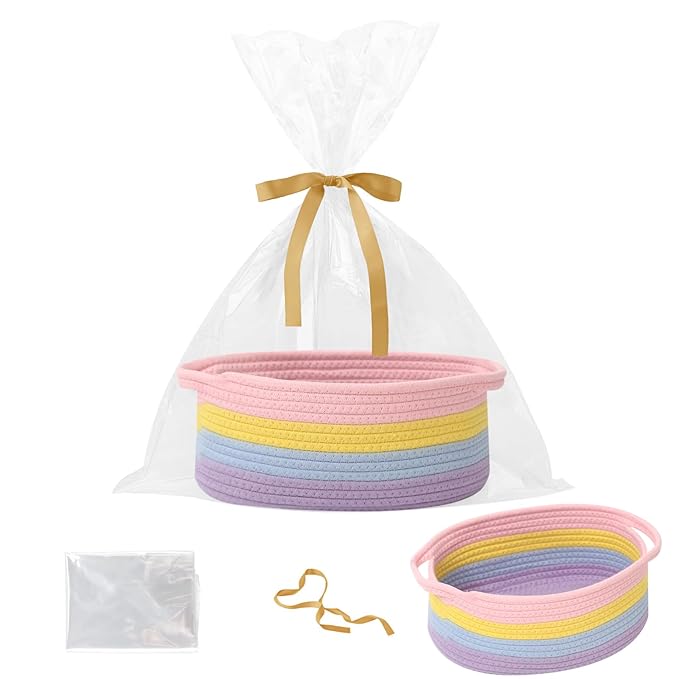 Small Woven Rope Basket-Empty Gifts Basket with Bag and Ribbons,Cute Handle Organizer Box for Birthday/Baby Shower, Toy Storage, Nursery Organizing & Shelf Decor(Rainbow Pastel)