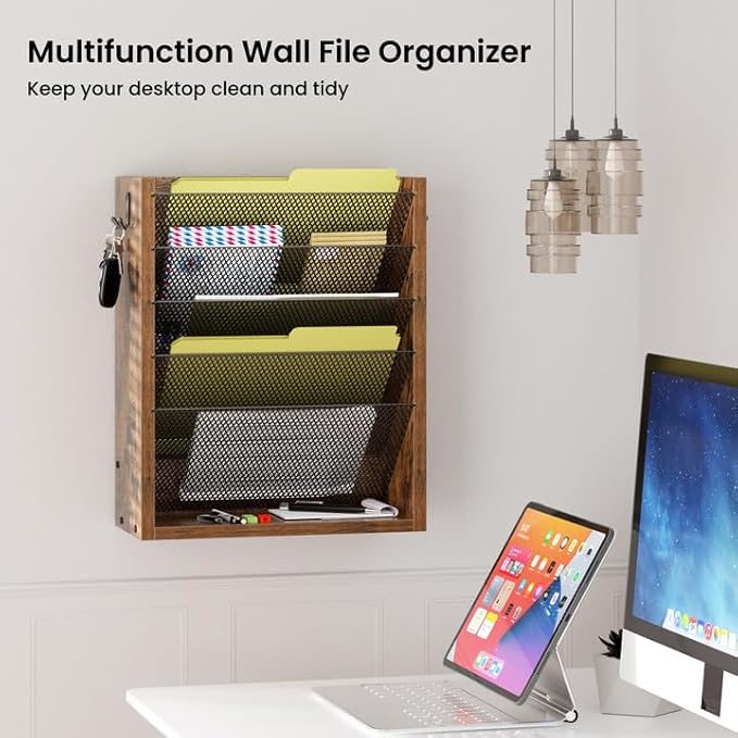 Creso hom Mail Organizer Wall Mounted, 6-Tier Wall File Organizer with 2 Hooks, Wooden Desk Organizer Magazine Holder with Bottom Flat Tray, for Office Home, Rustic Brown