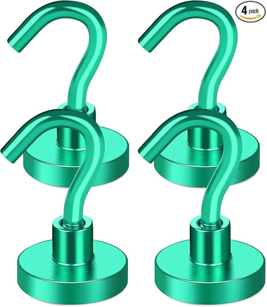 MIKEDE Magnetic Hooks Heavy Duty, 30LB+ Strong Magnets with Hook for Fridge, Neodymium Extra Strength Industrial Hooks for Hanging, Magnetic Hanger for Toolbox, Cruise, Grill(Green,4 Pack)