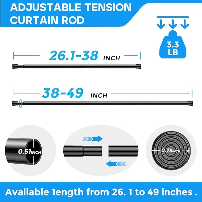 2 Pack Black Spring Tension Curtain Rods 28-48 Inches, Spring Loaded Curtain Rods No Drilling, Adjustable Small Tension Rod for Windows, Kitchen, Doorway, Bathroom, Closet