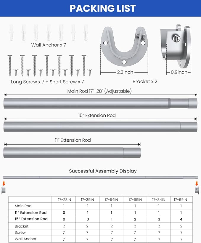 Closet Rods for Hanging Clothes, 17 to 39 Inches Stepless Adjustable Metal Closet Rod, 1.3 Inches Heavy Duty Clothes Hanging Rod for Closet Wardrobes Laundry RV, Silver