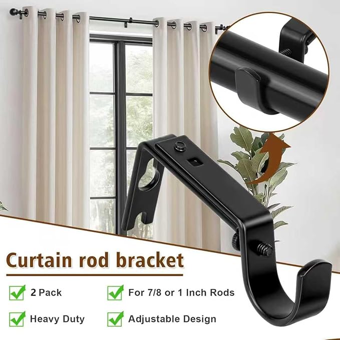 Heavy Duty Wall Mount Brackets - Adjustable Iron Curtain Rod Holders for 1" Rods, Complete Hardware Kit with Screws & Anchors (2 Pack)