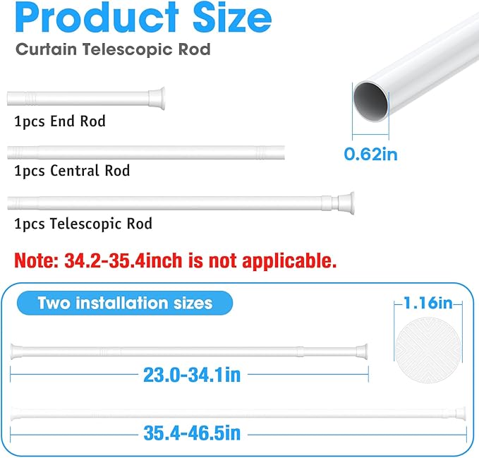 White Tension Curtain Rods 23 to 46 Inch,Spring Loaded Curtain Rods No Drilling,Small Tension Rod for Windows Door Closet,Pressure Rod