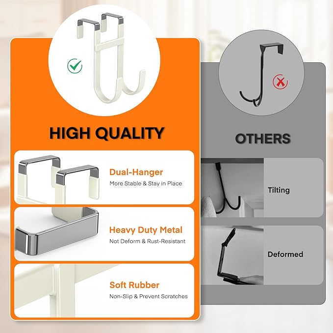 FYY Over The Door Hooks - 2 Pack Heavy Duty Double-Hanger Organizer for Bathroom Bedroom Dorm, Hanging Clothes Towels Hats Bags Ironing Board Wreath Robe - Fits Interior Doors Up to 1 3/8" Beige