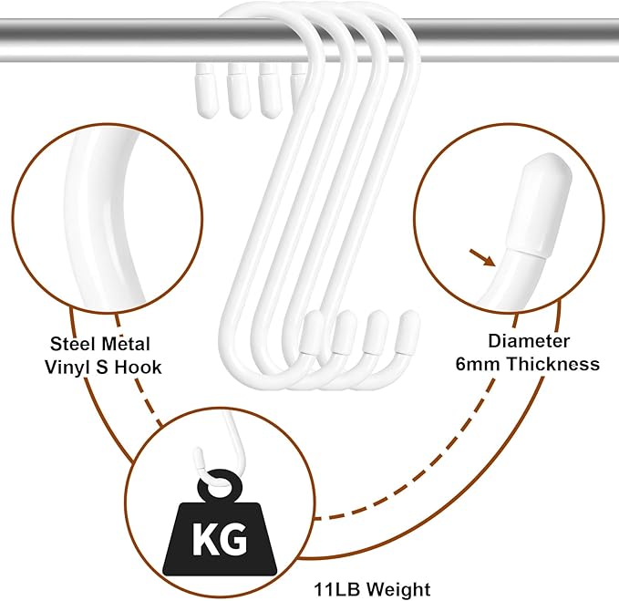 KEYBOO 6 Inch Vinyl Coated White S Hook,10 Pack Large S Hook for Hanging Heavy Duty, Non Slip S Shaped Closet Hooks, Metal S Hooks for Hanging Jeans, Potting Trays, Clothes, Bags,Plants
