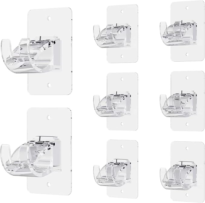 CIEMGNZOC 8PCS No Drill Curtain Rod Brackets, Self-Adhesive Curtain Rods No Drilling, Nail Free Adjustable Curtain Rod Holders, Curtain Hooks for Rod Less Than 1.57 Inch Diameter (Transparent)