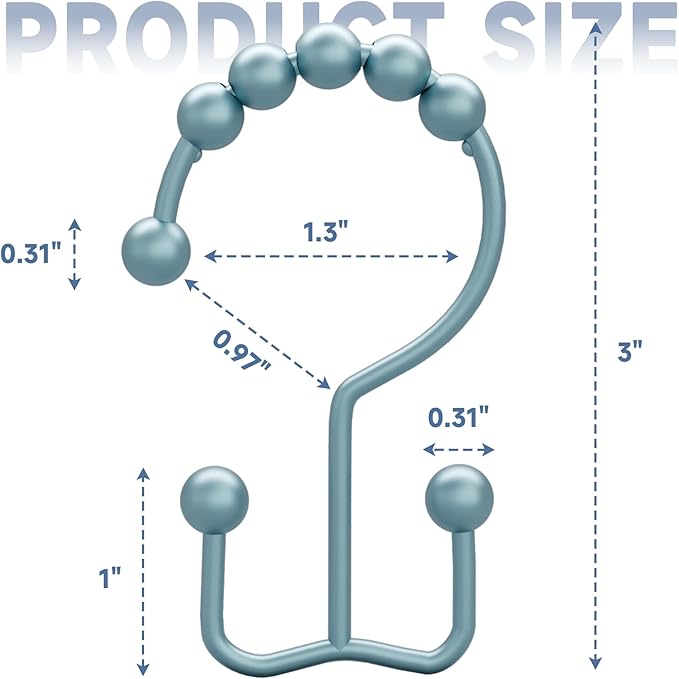 Titanker Shower Curtain Hooks Rings, Rust-Resistant Metal Double Glide Shower Hooks for Bathroom Shower Rods Curtains, Set of 12 Hooks - Lightcyan