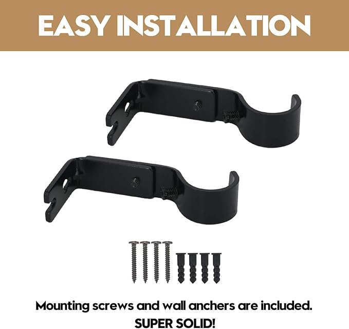 AddGrace Adjustable Curtain Rod Bracket Fits up to 1 inch Curtain Rod Sturdy Premium Brackets for Wall Set of 2 Black