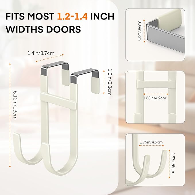 FYY Over The Door Hooks - 4 Pack Heavy Duty Double-Hanger Organizer for Bathroom Bedroom Dorm, Hanging Clothes Towels Hats Bags Ironing Board Wreath Robe - Fits Interior Doors Up to 1 3/8" Beige
