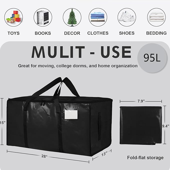 4 Pack-Extra Large Heavy Duty Moving Bags - Waterproof Storage Totes with Handles & Zippers, Foldable for College Dorm, Storage (Black)