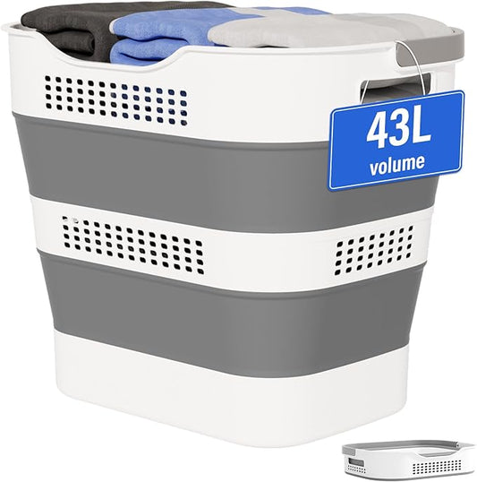 OOAMBB 43L(11.5Gallon) Collapsible Laundry Basket with Handles, Foldable Laundry Basket Plastc,Pop Up Tall Storage Container/Organizer/Clothes Hamper for Laundry (Grey,1 Pack)