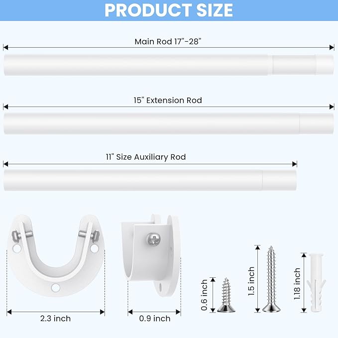 3 Pack Closet Rods for Hanging Clothes, 17 to 84 Inch Heavy Duty Stepless Adjustable Closet Hanging Rod, 1.3 Inch Diameter Metal Closet Rod for Wardrobes Laundry Bedroom RV, White