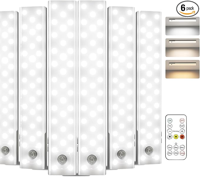 EZVALO 6-Pack Under Cabinet Lighting, 2000mAh Rechargeable Wireless Motion Sensor Lights, 62LEDs, 3 Color Temps, Dimmable, Timer, Magnetic, with Remote Control for Kitchen, Closet, Stair