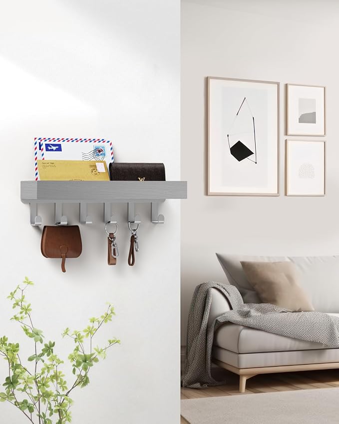 Key Holder Wall Mount Adhesive Magnetic - Hanging Key Hooks with Mail Organizer Tray for Wallet House Accessories - Keys Hanger Rack with Shelf for Camper Entryway Door Home Living Room Decor Grey